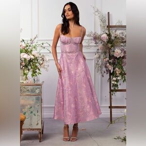 V Chapman Cora Dress Orchid Haze Pink  Jacquard Midi w/Rhinestone Bustier -NWT